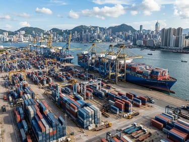Wide-angle architectural shot of the modern container terminal in Hong Kong, massive cargo ships stacked with blue and steel containers, crisp daylight, high-contrast modern editorial style, 50mm.