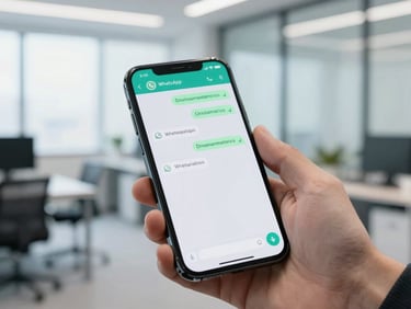 Close-up of a smartphone screen displaying a WhatsApp chat, with a professional hand holding it, in a modern office setting, cool corporate tones