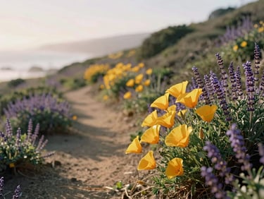 Golden poppies and purple sage blooming along a restored coastal hillside trail, soft natural depth of field