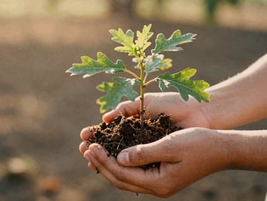 Close-up of hands holding a young oak sapling in rich dark soil, warm golden California sunlight filtering through leaves, 35mm film style.