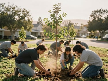 Volunteers of diverse ages planting a young sycamore tree in a neighborhood park, warm afternoon sun, dust motes in the air