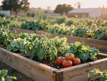 A vibrant community garden in California, wooden raised beds overflowing with heirloom tomatoes and leafy greens, soft golden light