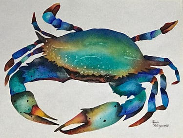 Bold crab in luminous shades of turquoise, teal and indigo transitioning to amber and violet