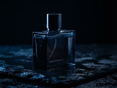 Dark perfume bottle on wet black stone, side-lit with deep blue cast, high contrast, 85mm lens, highlighting glass edges and liquid textures.