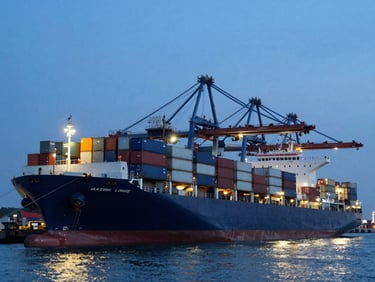 A massive container ship docked at a modern Indian deep-water port at dusk, illuminated by industrial floodlights, cool maritime blue tones, clean composition.