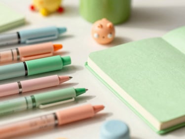 Close-up of colorful Legami stationery and small toys arranged playfully on a clean surface, natural daylight, shallow depth of field.