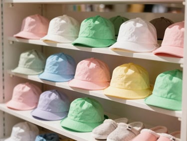 Curated display of soft children's hats and slippers in pastel and vibrant colors, on a boutique shelf, natural daylight.