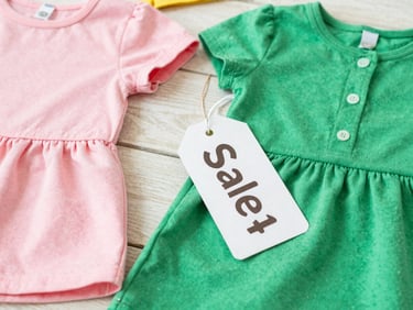 Flatlay of colorful children's clothes with a 'Sale' tag, bright boutique photography, natural daylight, cheerful pastel and vibrant green accents