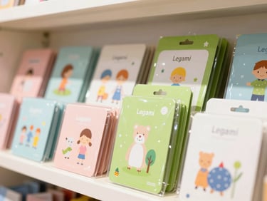 Vibrant close-up of a selection of Legami children's gifts and stationery, featuring bright colors and playful designs, displayed on a clean shelf in the boutique, natural daylight.