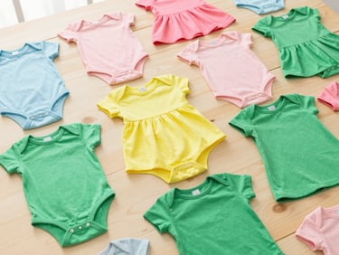 Curated flatlay of modern children's clothing for various ages, including baby onesies, kid's dresses, and teen outfits, in bright, cheerful colors on a light wooden background, natural daylight.