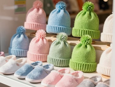 Close-up of a display of colorful children's accessories, including knitted hats, soft slippers, and small scarves, arranged artfully in the boutique, natural daylight.
