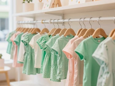 Bright interior shot of a children's boutique with new clothing racks, natural daylight, inviting atmosphere, shallow depth of field