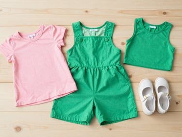 Flatlay of a stylish children's outfit, sizes 56-176, on a light wooden background, natural daylight, including a vibrant green accent piece.
