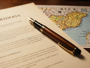 Close-up of a vintage fountain pen resting on official documents and a map of Hungary, soft natural desk light, warm editorial tones.