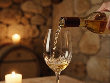 Close-up of golden Tokaj wine being poured into a crystal glass in a rustic stone cellar, warm ambient candlelight, 35mm film look.
