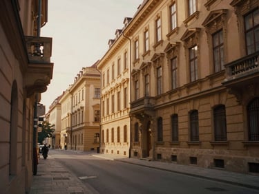 Warm cinematic shot of a quiet Budapest residential street in the Palace District, historic architecture, soft afternoon sunlight, 35mm film look.