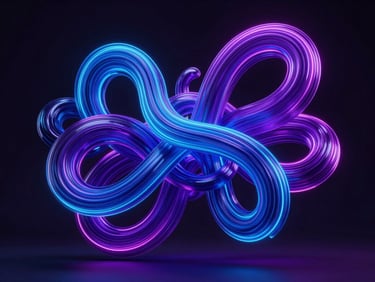 Vibrant, abstract 3D digital sculpture representing complex data flow, high-saturation digital glow, electric cobalt and deep violet neon lighting, dark background, landscape aspect.