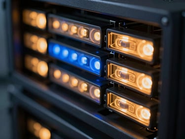 Extreme macro close-up of physical server racks glowing with neon amber and cobalt LEDs, high-saturation digital glow, shallow depth of field.
