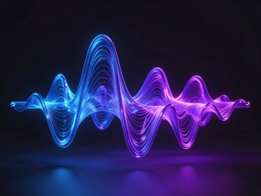 Vibrant abstract 3D digital sculpture representing fluid data waves, glowing with electric cobalt and vivid violet light, dark background with subtle reflections.