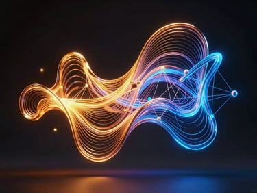 Vibrant abstract 3D digital sculpture representing fluid data flow and high-speed network connections, illuminated by warm amber and electric blue neon light, dark background.
