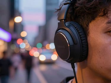 Vibrant close-up of a person wearing sleek headphones in a bustling city street at dusk, illuminated by warm amber and neon violet streetlights, shallow depth of field.