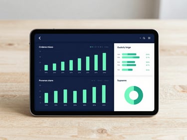 Flat-lay technical UI mockup of a clean financial dashboard on a tablet, high-contrast navy and mint green charts, bright natural daylight on a clean wooden desk.