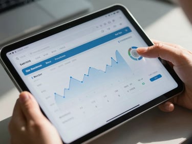 Close-up shot of hands interacting with a tablet showing a clean financial dashboard UI, bright natural daylight, high contrast, 35mm architectural lens