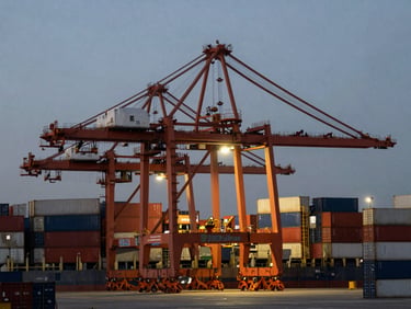 Wide environmental shot of a shipping port at dusk, cargo cranes and stacked shipping containers, cool-toned lighting with sharp safety-orange highlights.