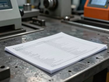 Close-up of a technical spec sheet lying on a metal factory workbench, industrial machinery blurred in the background, dramatic cool lighting.