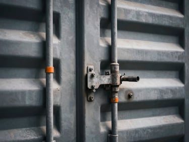 Close-up of a heavy industrial steel locking mechanism on a container door, moody high-contrast lighting, dramatic shadows.