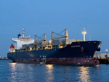 Wide-angle environmental shot of a massive cargo ship docking at a port during cool blue hour, harsh industrial work lights reflecting off wet surfaces and sea spray.