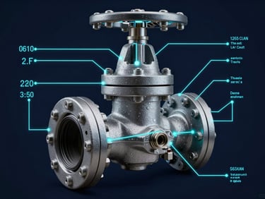 Technical schematic overlay of a heavy-duty industrial valve, glowing cyan telemetry lines and digital measurements on a dark navy background.