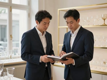 A professional curator in a tailored suit reviewing a catalog of fine glassware in a bright, elegant showroom