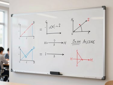 A bright modern digital whiteboard showing colorful hand-drawn physics vectors and annotations, daylight, soft focus background, clean academic aesthetic.