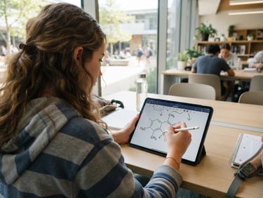 Over-the-shoulder shot of a high school student actively drawing a molecular diagram on a tablet, bright daylight, modern study room, soft focus background, 35mm lens.