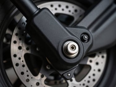 Heavy-duty matte black motorcycle disc lock with a metallic silver locking pin, macro close-up, dramatic low-key studio lighting, high-contrast details emphasizing ruggedness.