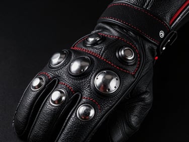 Close-up of premium black leather motorcycle riding gloves with red stitching and metallic knuckle protection, dramatic low-key studio lighting, matte black background, high-contrast details.