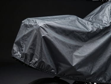 Folded waterproof motorcycle cover in dark grey, showing durable fabric texture, with subtle metallic sheen, dramatic low-key studio lighting, matte black background, high-contrast details.