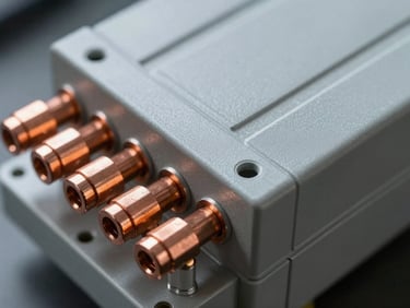 Close-up of industrial hybrid inverter terminals and heavy copper connections, sharp lighting
