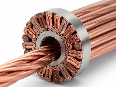 Cross-section of heavy-gauge industrial copper cabling, clean technical studio shot