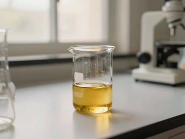 A minimalist laboratory setting with a glass beaker holding natural golden oil, soft side-lit window daylight, warm editorial clinical photography, 35mm.