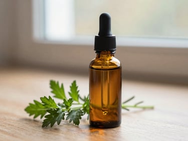 An amber glass dropper bottle containing botanical oils, placed next to fresh green herbs, shallow depth of field, warm editorial clinical photography, 35mm.