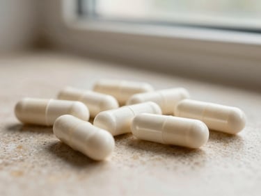 Close-up of clean, white clinical-grade supplement capsules on a warm stone surface, soft natural daylight, warm editorial clinical photography, 35mm.