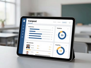 A clean, modern educational dashboard interface on a tablet screen, showing course progress bars, upcoming live classes, and language learning metrics, soft natural daylight, minimalist aesthetic.