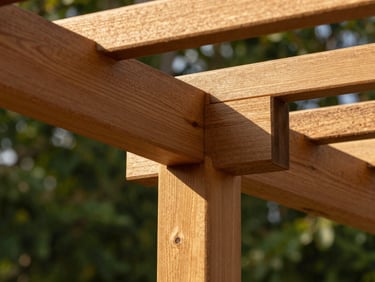 Close-up macro shot of interlocking wooden joints in a pergola, showing seamless hidden joinery, smooth honey-oak wood grain, warm natural lighting