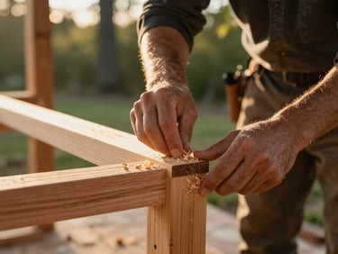A master carpenter's hands smoothing a wooden joint of a gazebo, fine wood shavings, warm golden-hour light, shallow depth of field, 35mm
