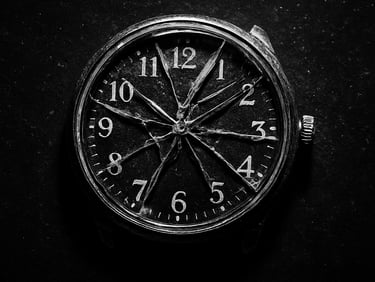 Stark close-up of a shattered watch face on a polished black concrete slab, harsh direct flash, deep shadows, high contrast, black and white