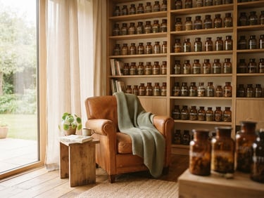 A bright, sunlit minimalist clinic library with soft linen curtains, wooden shelves with herbal jars, and a comfortable reading chair, warm natural window light, 35mm