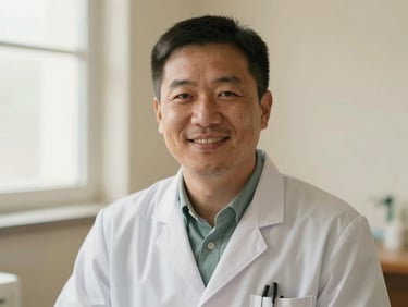 Warm portrait of a friendly Mongolian male pediatrician in a soft cream room, smiling, natural window light, shallow depth of field, 35mm