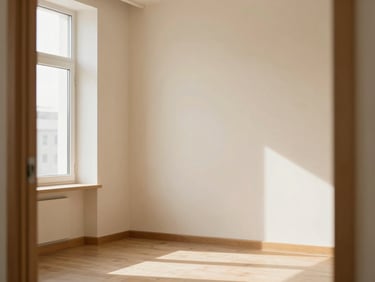 Minimalist sunlit consultation room in Ulaanbaatar, warm wooden accents, soft shadows, pristine and calm environment, shallow depth of field, 35mm